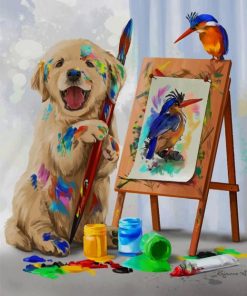 Puppy Drawing His Woodpecker Friend Paint By Numbers