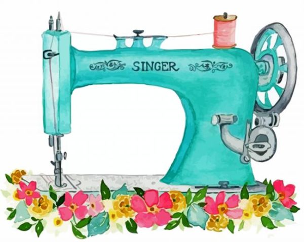 Blue Sewing Machine With Flowers Paint By Number