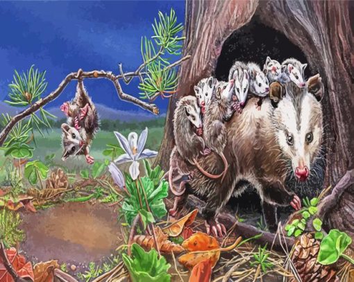 Opossum and Babies paint by numbers