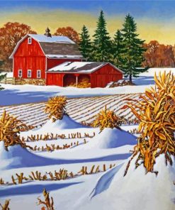 Red Barn and Snowy Landscape paint by numbers