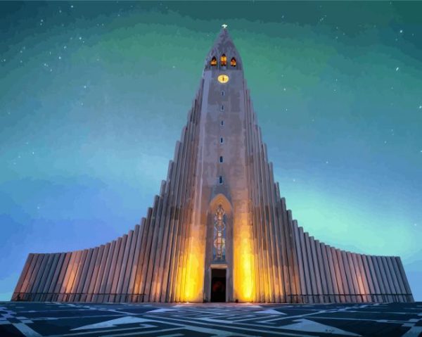 Reykjavik Hallgrimskirkja Church Aurora Lights paint by numbers