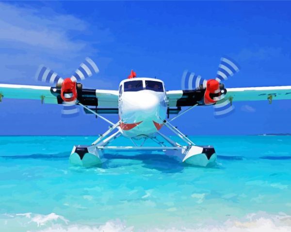 White Seaplane In Ocean Paint By Number