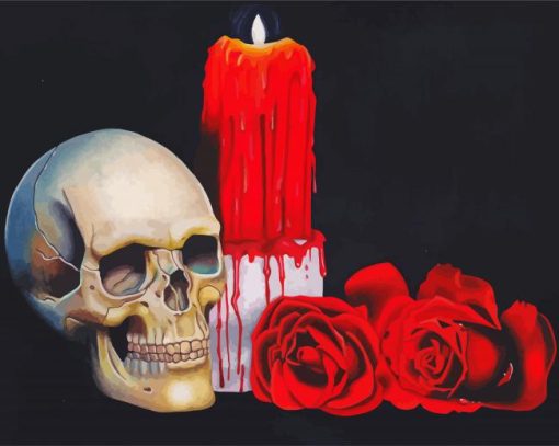 Candle With Red Roses And Skull paint by numbers