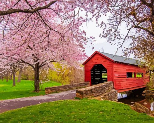 Cherry Blossom Carroll Creek Covered Bridge paint by numbers