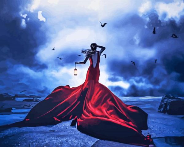 Girl In Red Dress With Lantern paint by numbers