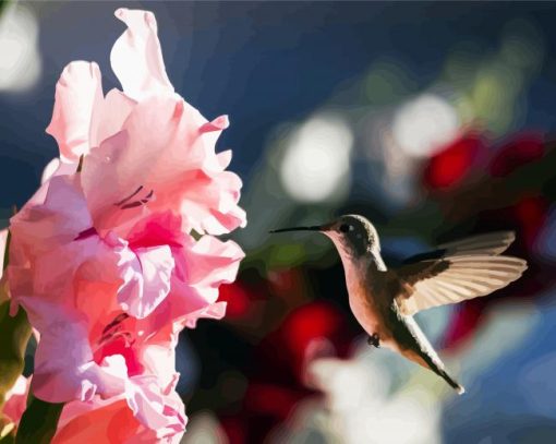 Pink Gladiola and Humming bird paint by numbers