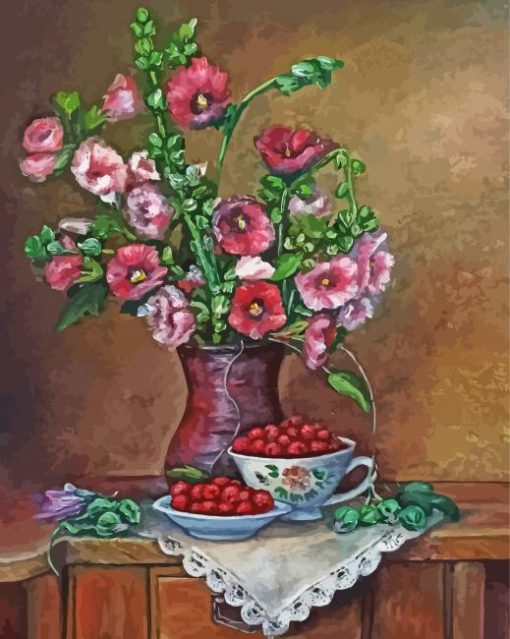 Hollyhocks Vase Still Life paint by numbers