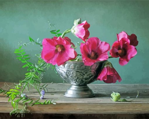 Hollyhocks Vintage Vase paint by numbers