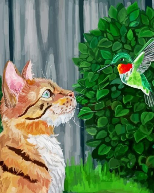 Cute Cat And Hummingbird paint by numbers