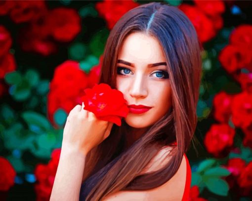 Gorgeous Woman with Red Flower paint by numbers