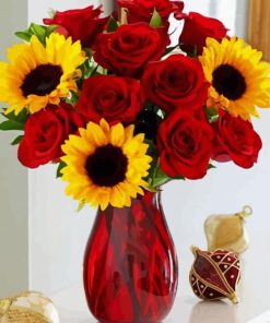 Roses and Sunflowers in Red Vase paint by numbers