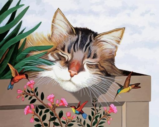 Sleepy Cat With Hummingbird paint by numbers