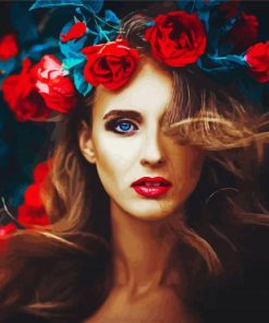 Beautiful Woman with Red Flower paint by numbers