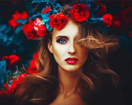 Beautiful Woman with Red Flower paint by numbers