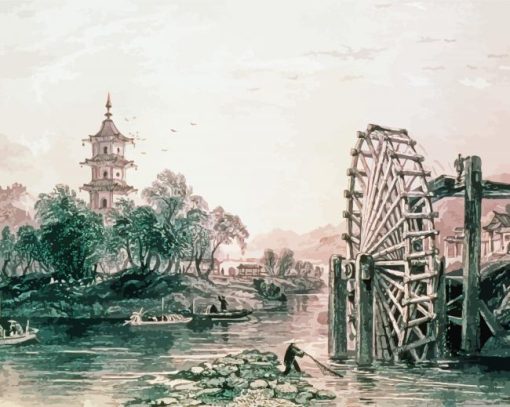 Chinese Old Water Mills Art paint by numbers