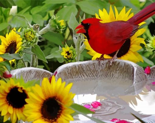 Red Bird and Sunflowers paint by numbers