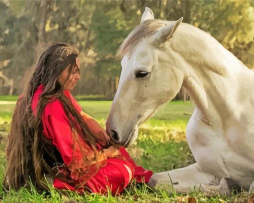 Woman with White Native Horse paint by numbers