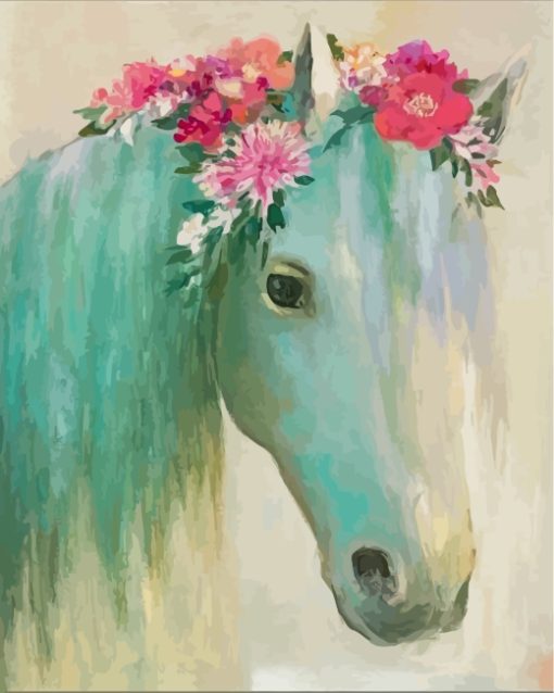 White Horse With Pink Flowers paint by number