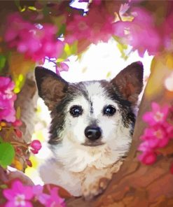 Puppy In Pink Flowers paint by number