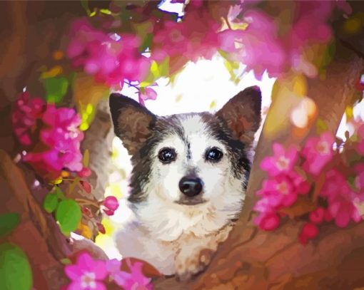 Puppy In Pink Flowers paint by number